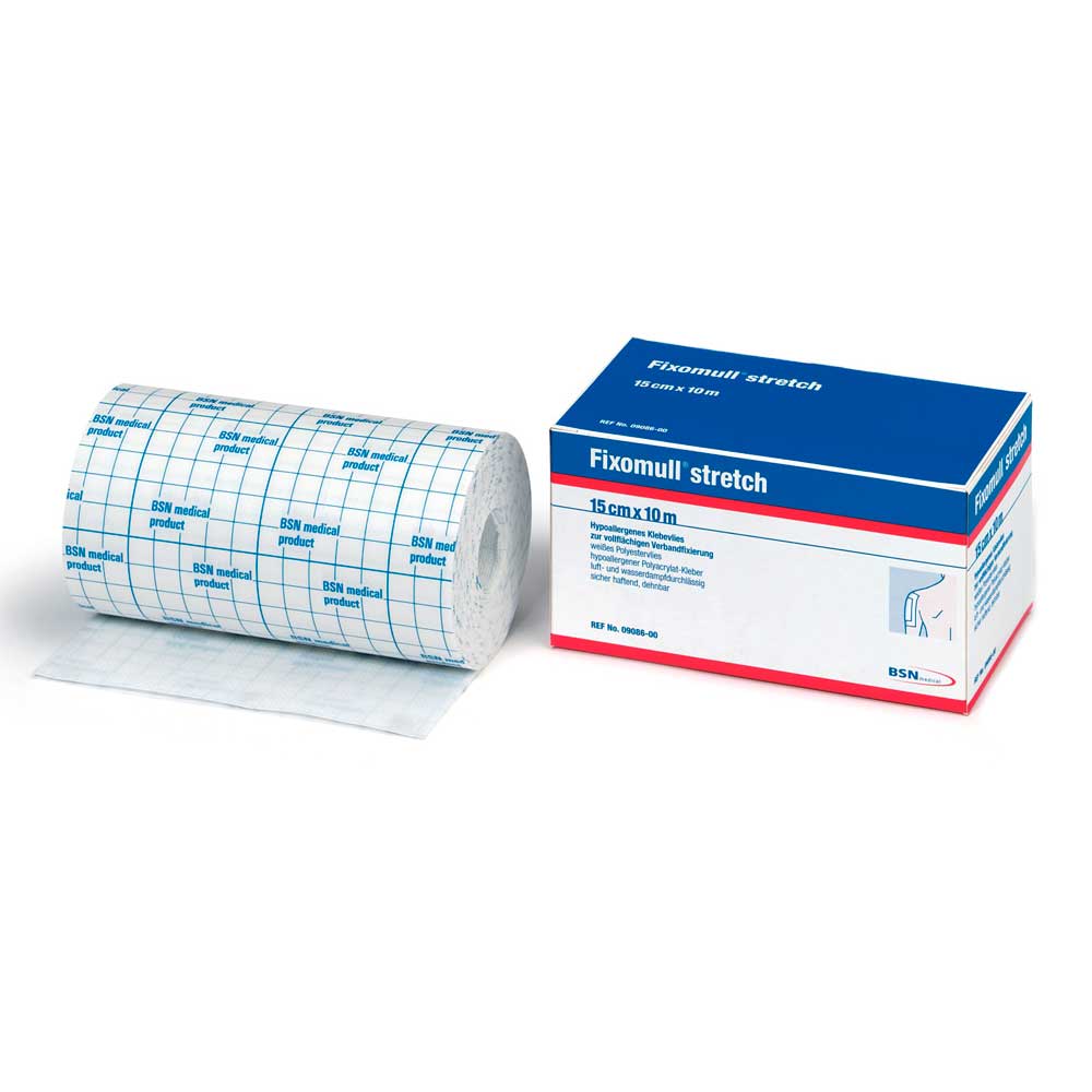 Verpackung von BSN Fixomull® Stretch Klebevlies mit Größenangabe 15 cm x 10 m