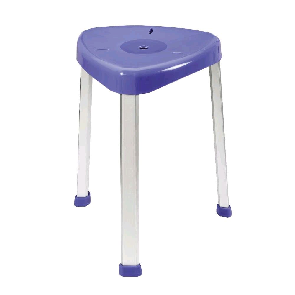 Eck-Duschhocker mit blauem Sitz, höhenverstellbare Beine und Standkufen