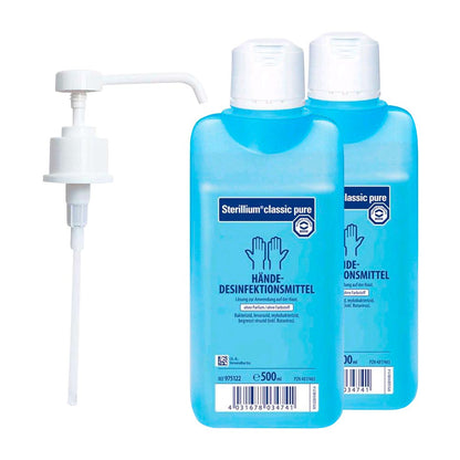 Sterillium classic pure Händedesinfektion in zwei blauen Flaschen mit Dosierpumpe