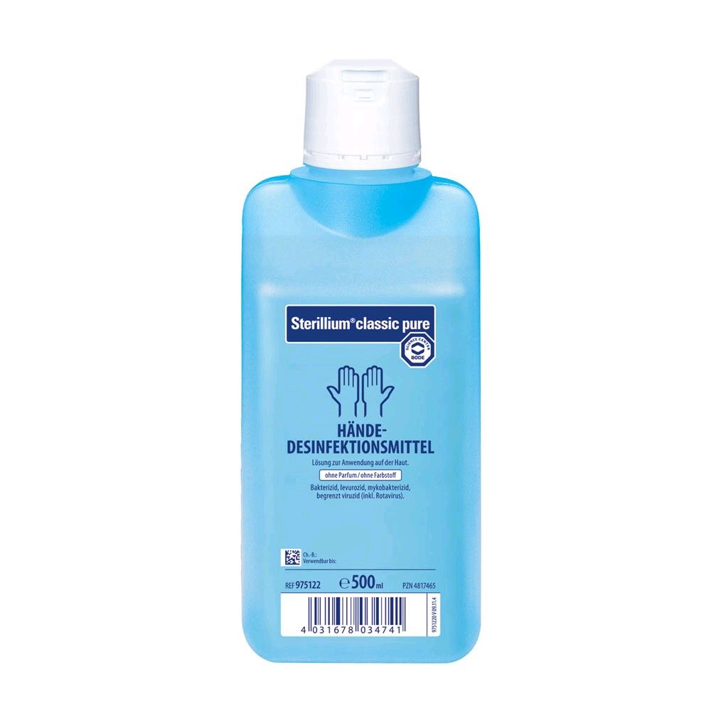 Blaues Händedesinfektionsmittel, Flasche mit weißem Deckel, Vorderseite, 500 ml.