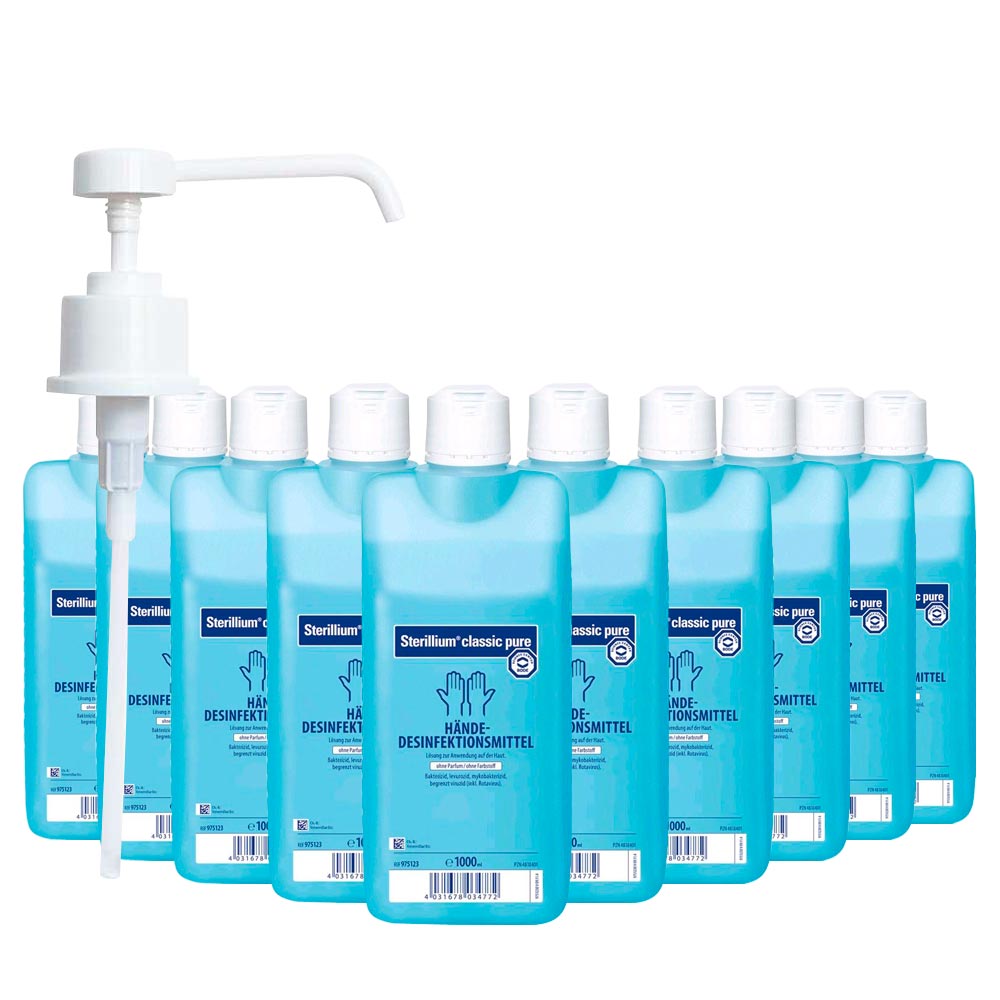 Händedesinfektion 10er-Set mit Dosierpumpe, blaue Flaschen mit weißem Deckel