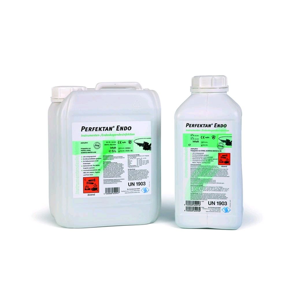 Instrumentendesinfektion Perfektan® Endo: Kanister und Flasche, Vorderseiten mit grünem Etikett