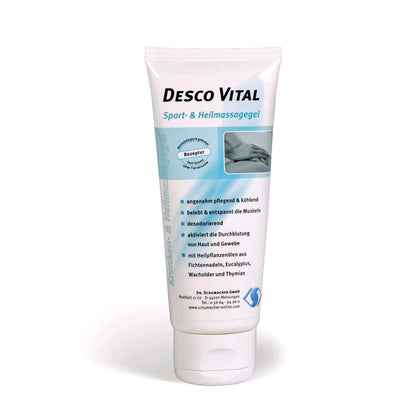 Hydrogel-Gel Desco VITAL als Tube, weiß-blaues Etikett und Anwendungshinweise