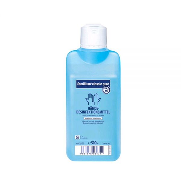 Sterillium classic pure Händedesinfektionsmittel, blaue 500-ml-Flasche mit weißem Verschluss