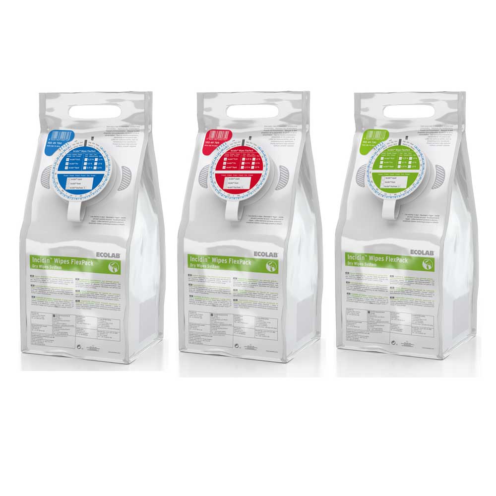 Ecolab Incidin Wipes Flexpack Trockentücher: 3 Farben (blau, rot, grün)