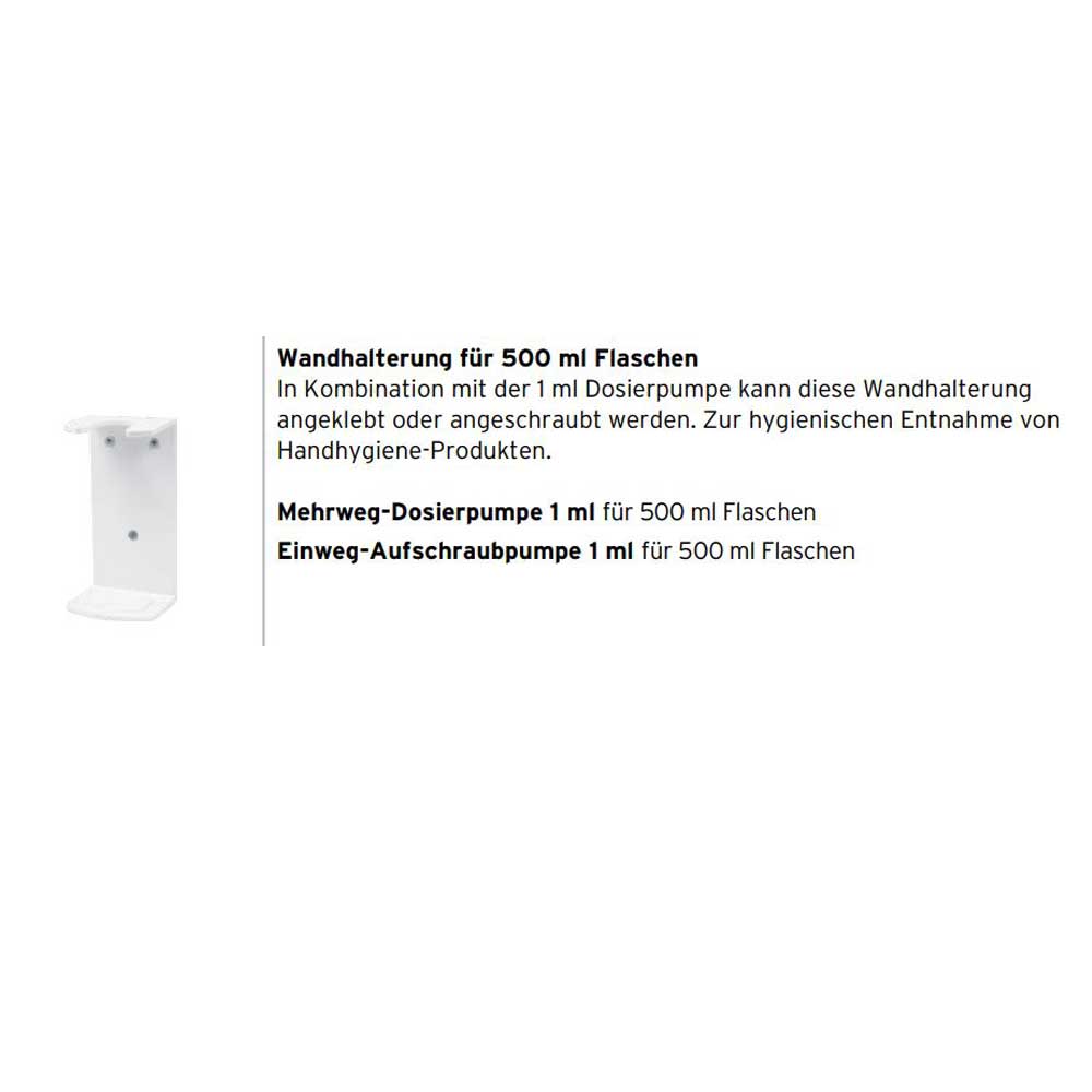 Wandhalterung für 500-ml-Flaschen mit Montagehinweisen zu Dosierpumpen