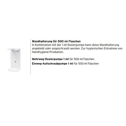 Wandhalterung für 500-ml-Flaschen mit Montagehinweisen zu Dosierpumpen
