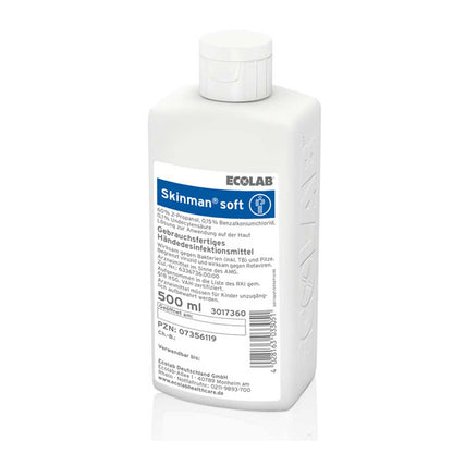 Ecolab Skinman soft Händedesinfektion, 500-ml-Flasche mit weißer Schraubkappe
