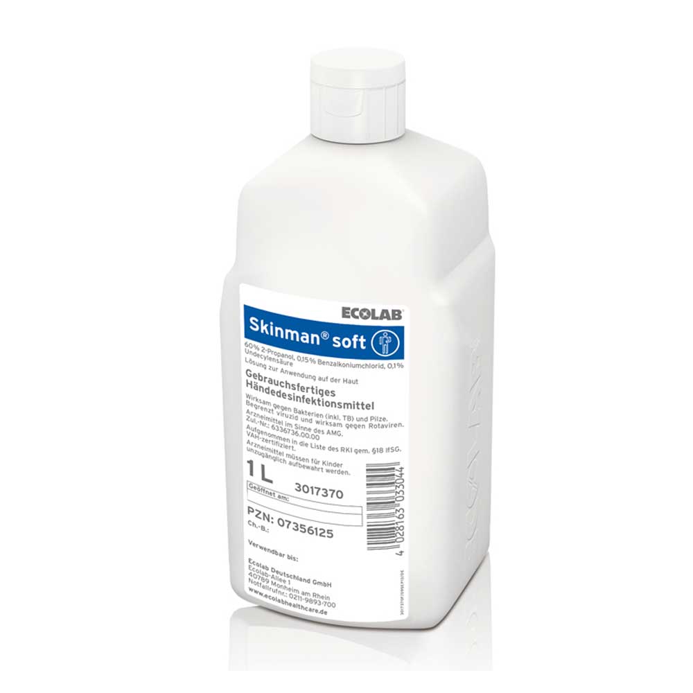 Ecolab Skinman soft Händedesinfektion, 1-L-Flasche mit weißer Schraubkappe