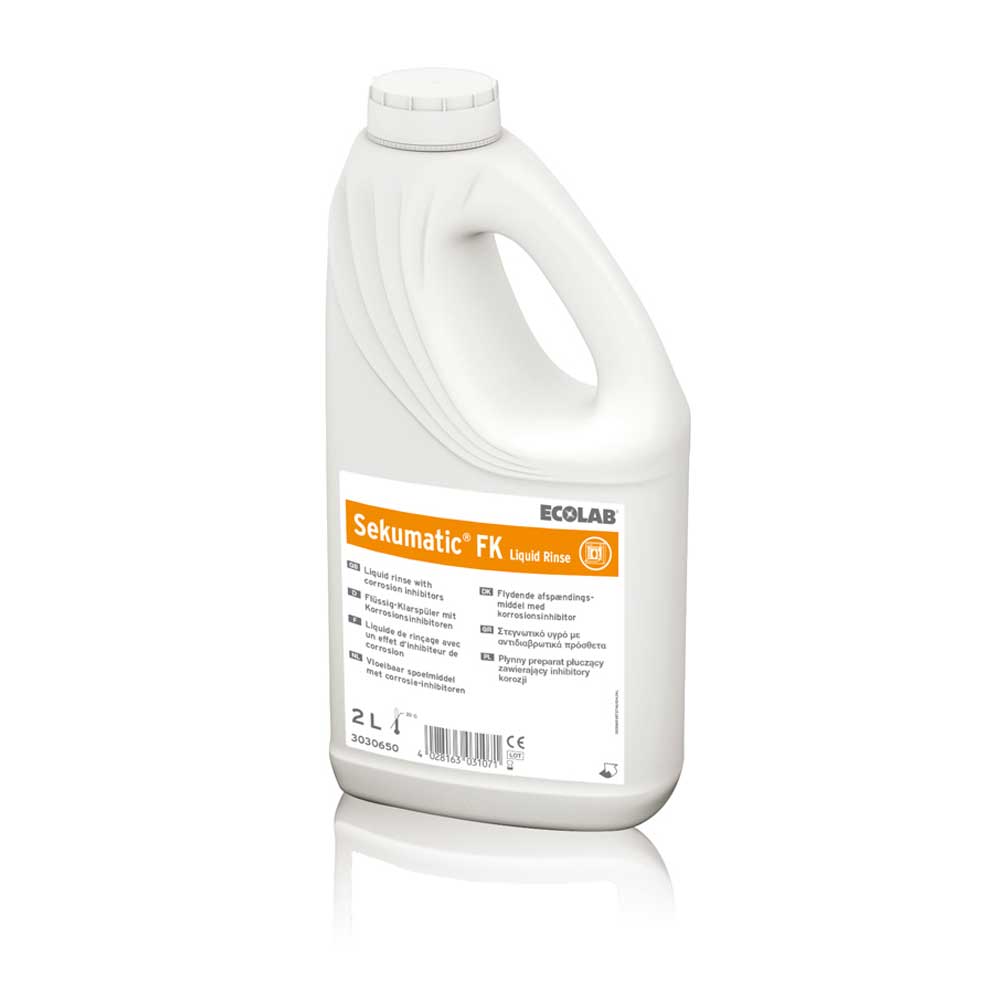 Ecolab Sekumatic FK Klarspüler Kanister, 2 l, Seitenansicht mit Etikett