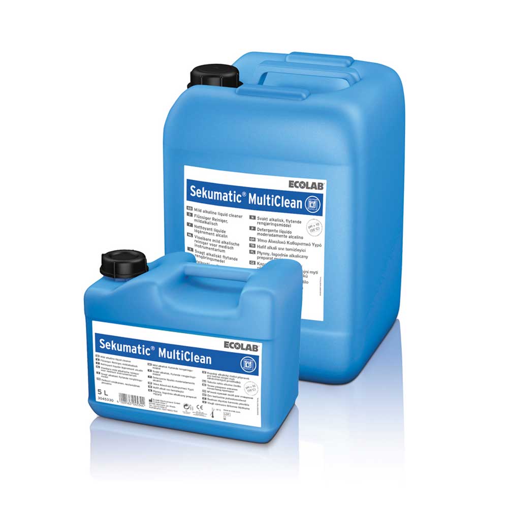 Instrumentenreiniger Sekumatic Multiclean von Ecolab in zwei blauen Kanistern (5 l, 20 l)