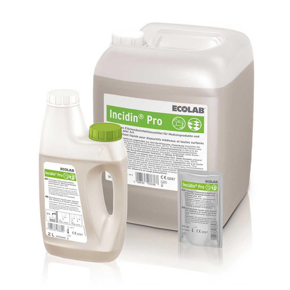 Ecolab Incidin Pro Flächendesinfektion, weißer Kanister mit Deckel und kleiner Flasche