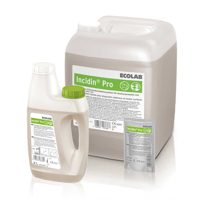 Ecolab Incidin Pro Flächendesinfektion, weißer Kanister mit Deckel und kleiner Flasche