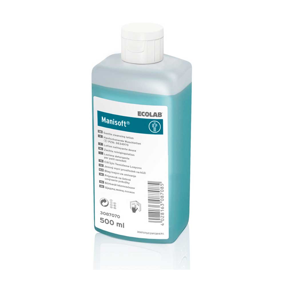 Ecolab Manisoft Waschlotion 500 ml, türkisfarbene Flasche mit Deckel und Etikett
