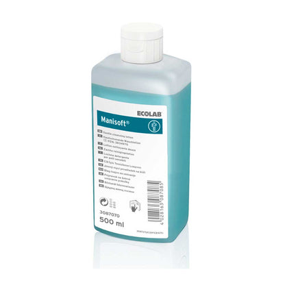 Ecolab Manisoft Waschlotion 500 ml, türkisfarbene Flasche mit Deckel und Etikett