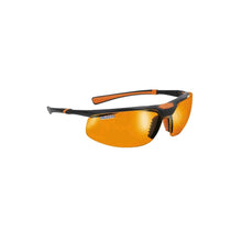Orange Schutzbrille mit getönten Gläsern und dunklem Rahmen, verstellbare Bügel