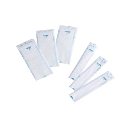 Set Sterilisationsbeutel, selbstklebend; 200 Stück, mehrere Folienbeutel mit blauer Etikettierung