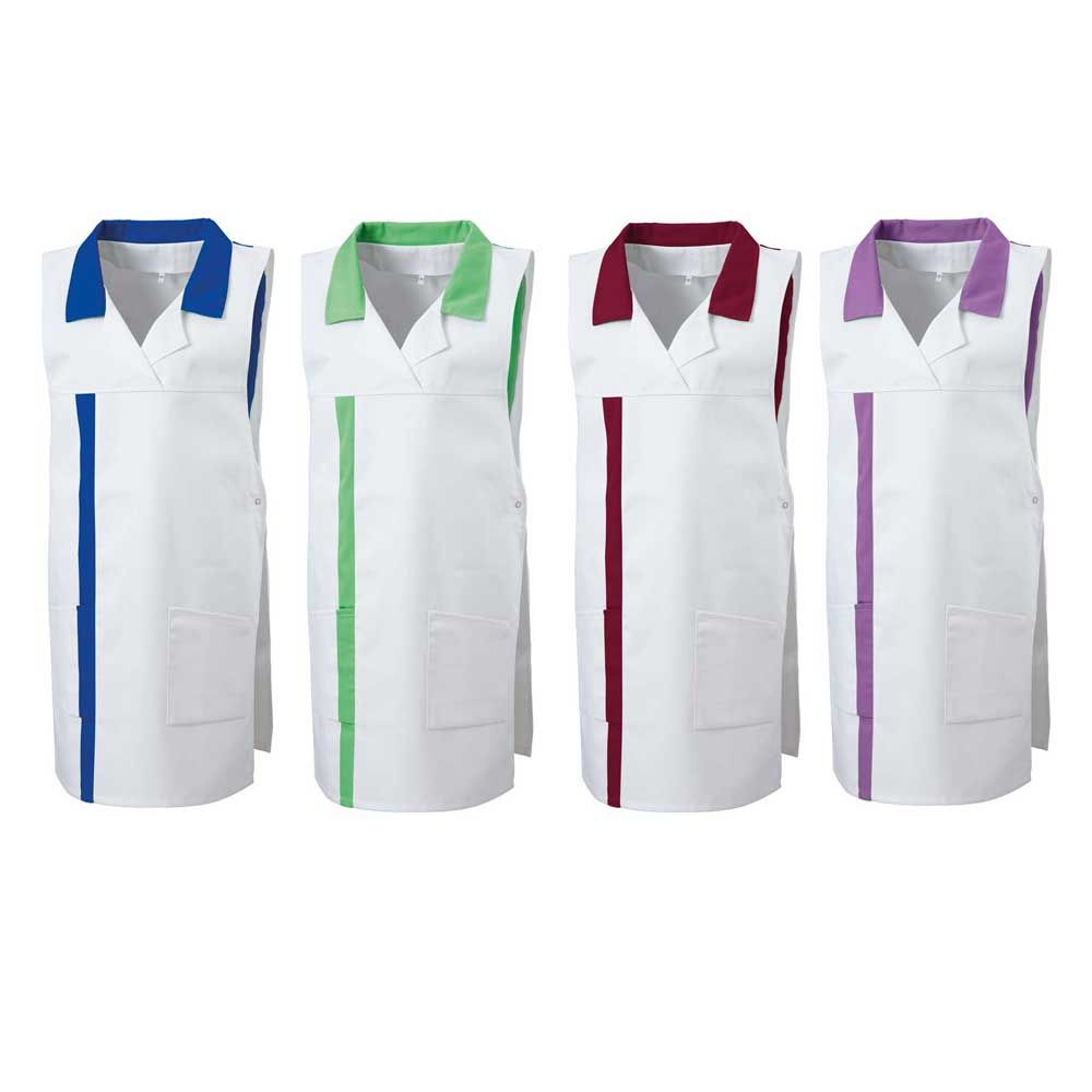 Überwurfschürze mit 2 Seitentaschen, weiß mit farbigen Kanten (blau, grün, rot, lila)