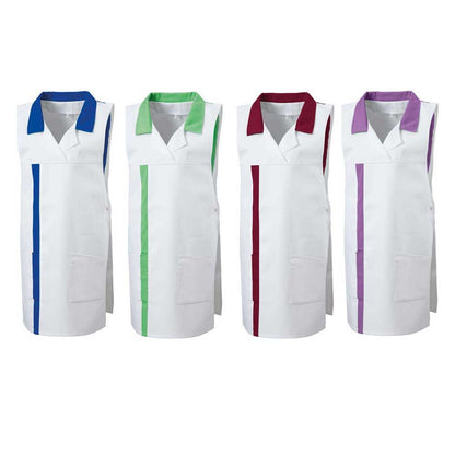 Überwurfschürze mit 2 Seitentaschen, weiß mit farbigen Kanten (blau, grün, rot, lila)