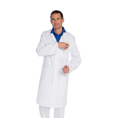 Herren-Klinikmantel, weiß, Stehkragen, lange Ärmel, Knopfleiste, seitliche Taschen