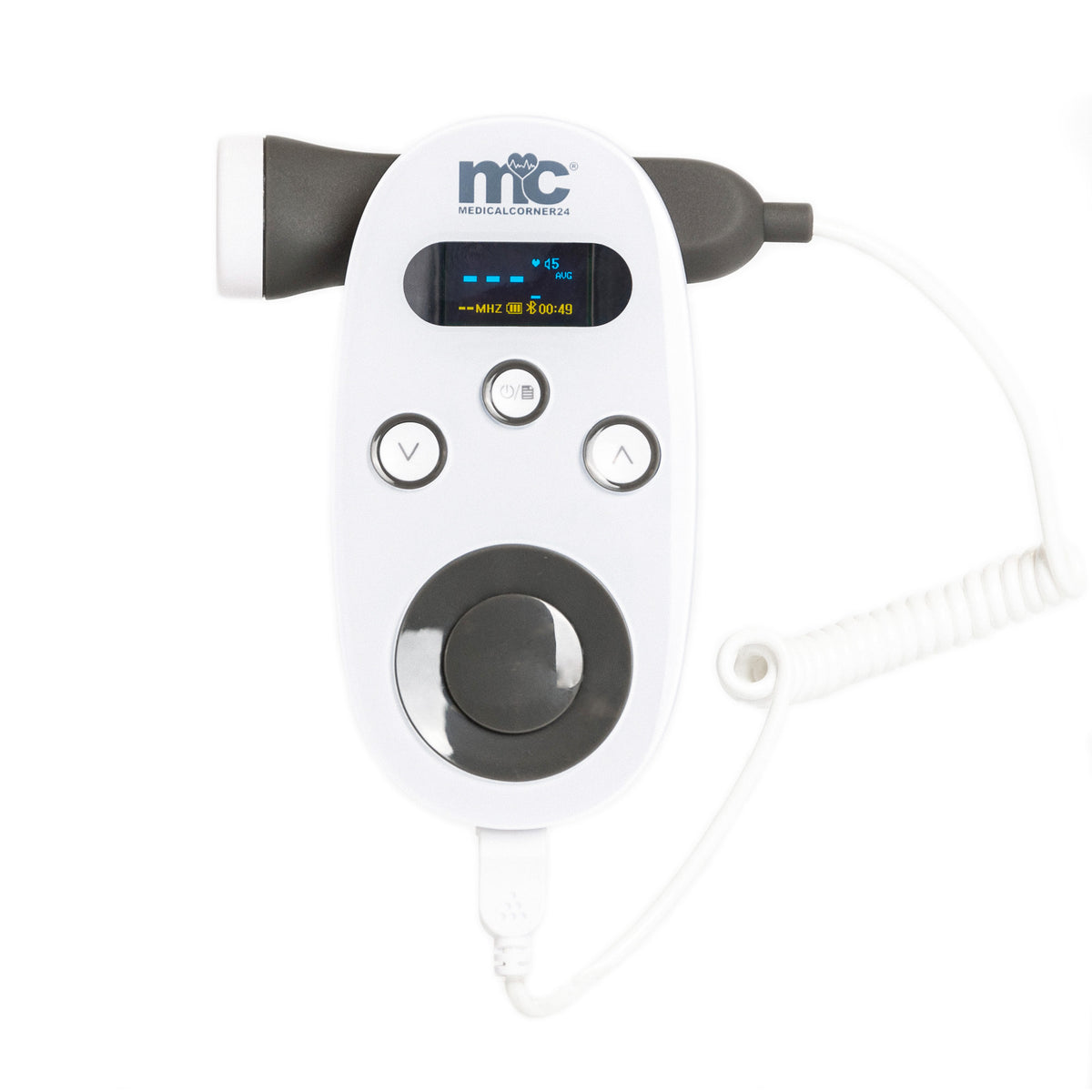 Fetal-Doppler in Weiß und Grau mit Display und angeschlossener Sonde