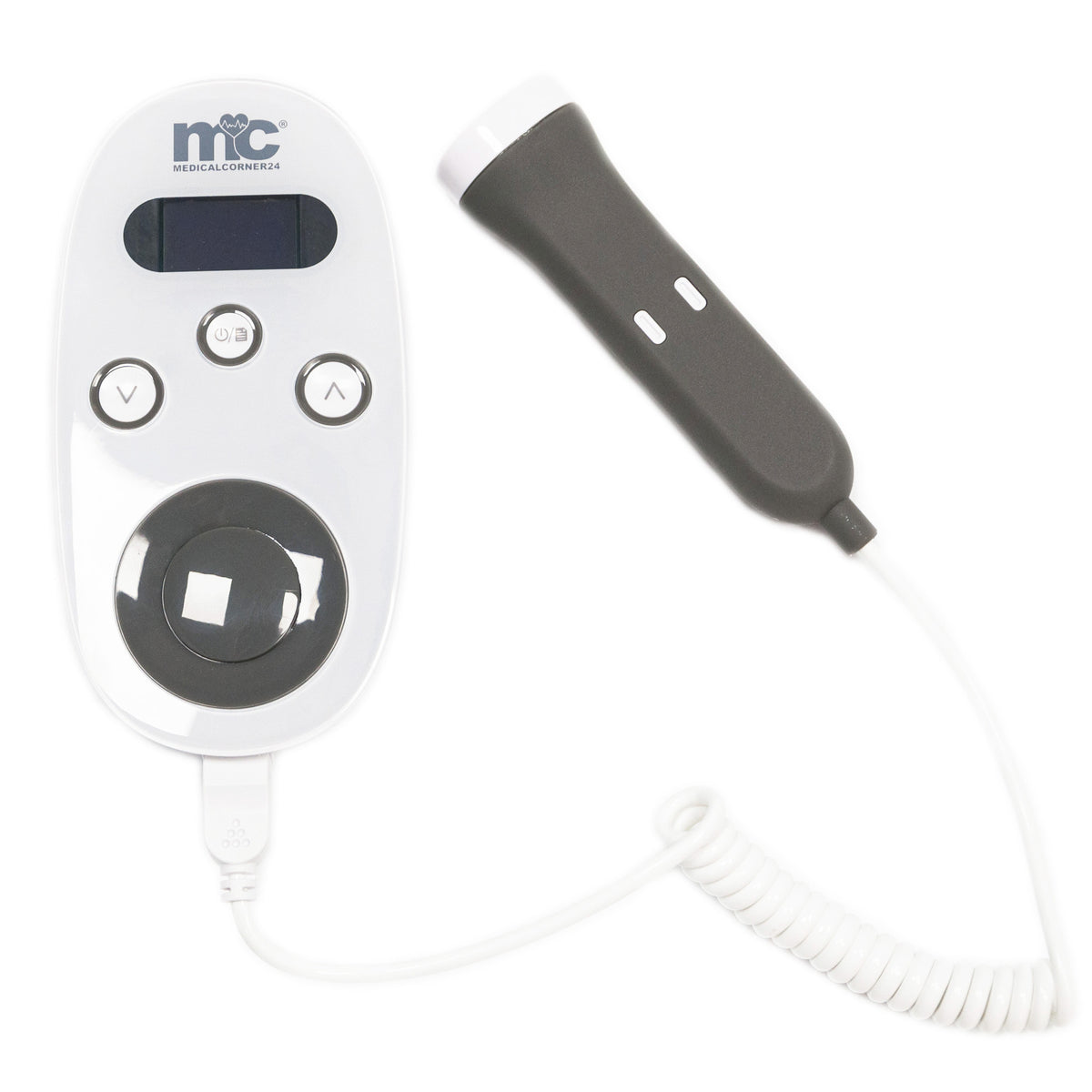Fetal-Doppler mit grauer Sonde und flexibler Kabelschlaufe, Bediengerät mit Tasten