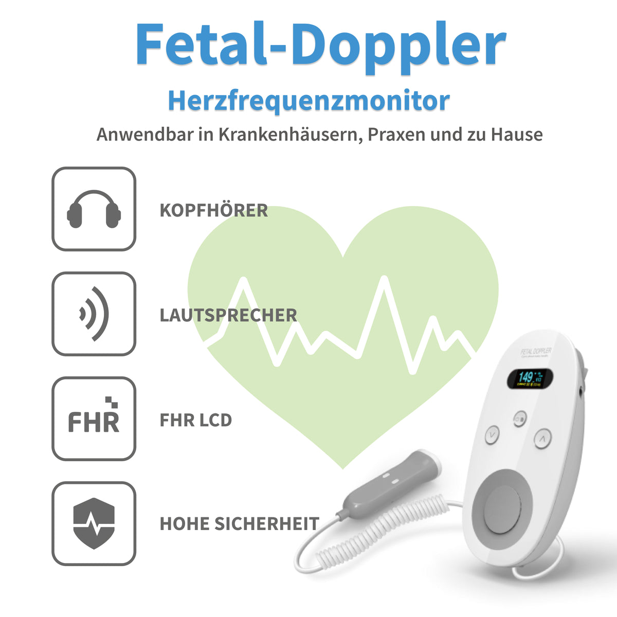 Fetal-Doppler Herzfrequenzmonitor mit Kopfhörer, Lautsprecher und Wellensymbol