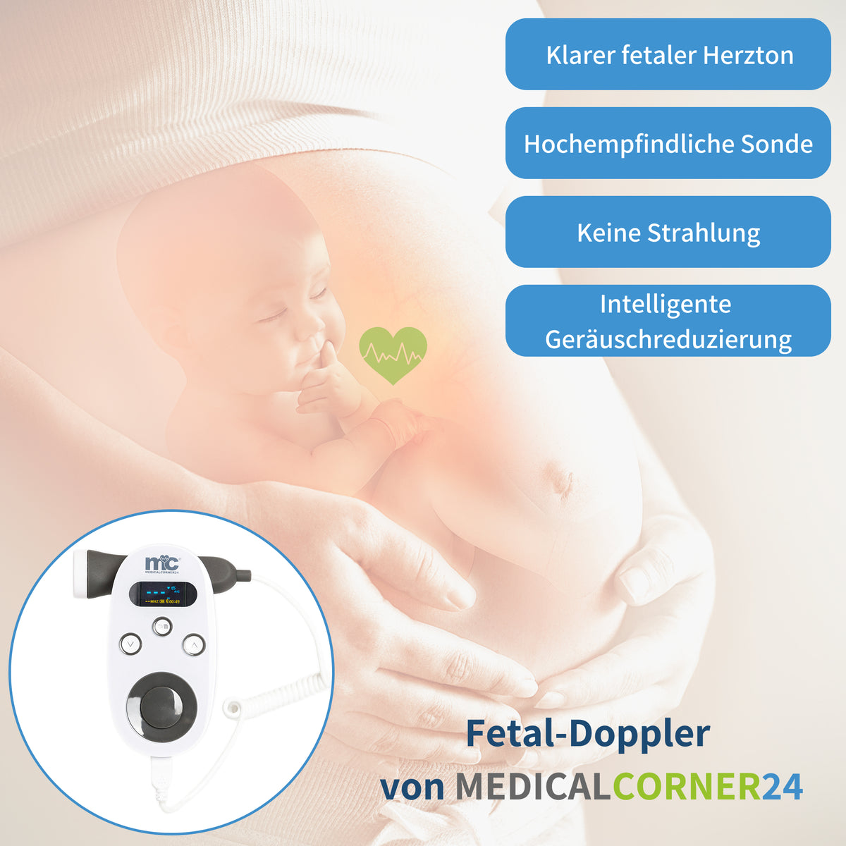 Fetal-Doppler für den Bauch einer schwangeren Frau, Gerät im runden Detailausschnitt