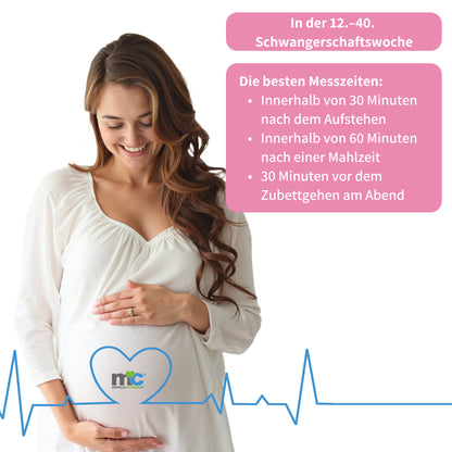 Schwangere Frau hält den Fetal-Doppler vor dem Bauch, Gerät mit Sonde