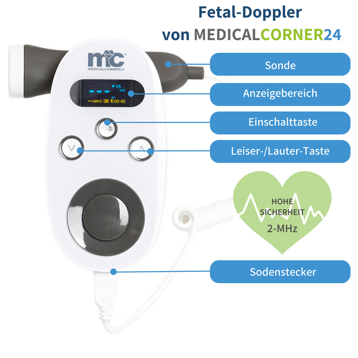 Fetal-Doppler Gerät mit Bedienelementen, grauer Sonde und Sondenstecker