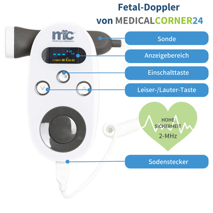 Fetal-Doppler Gerät mit Bedienelementen, grauer Sonde und Sondenstecker