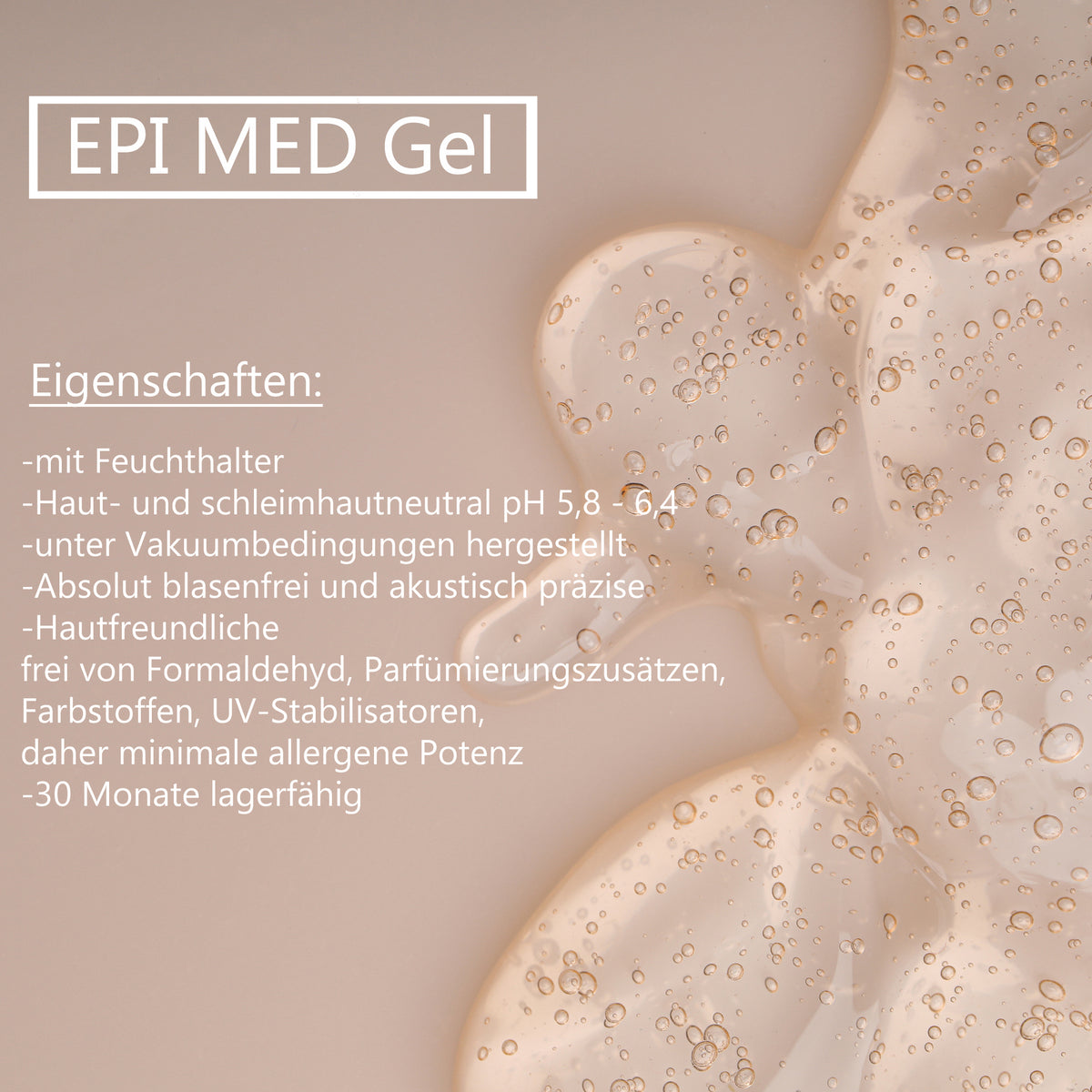 EPI-MED Gel Produktinfos: pH 5,8–6,4, unter Vakuumbedingungen getestet