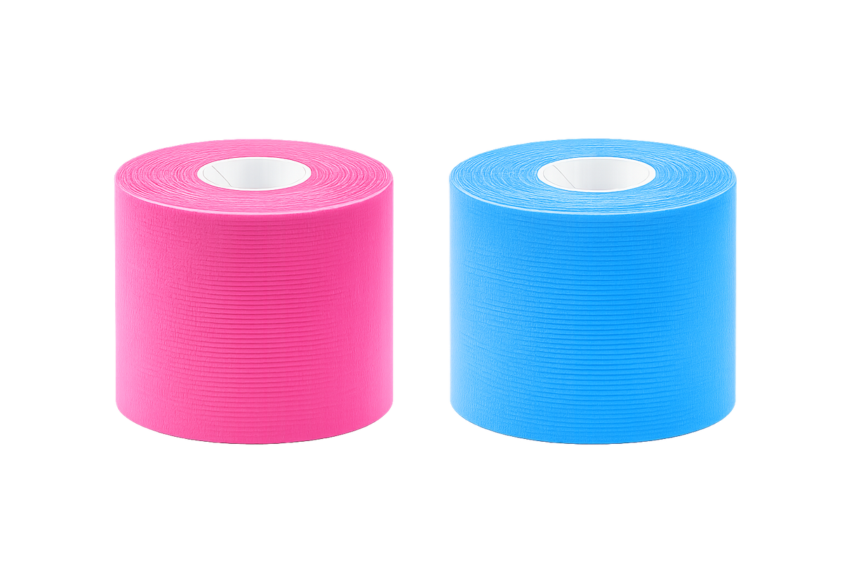 Pinkes und blaues Kinesiologie-Tape, latexfrei, als Rollen mit innenliegendem Kern
