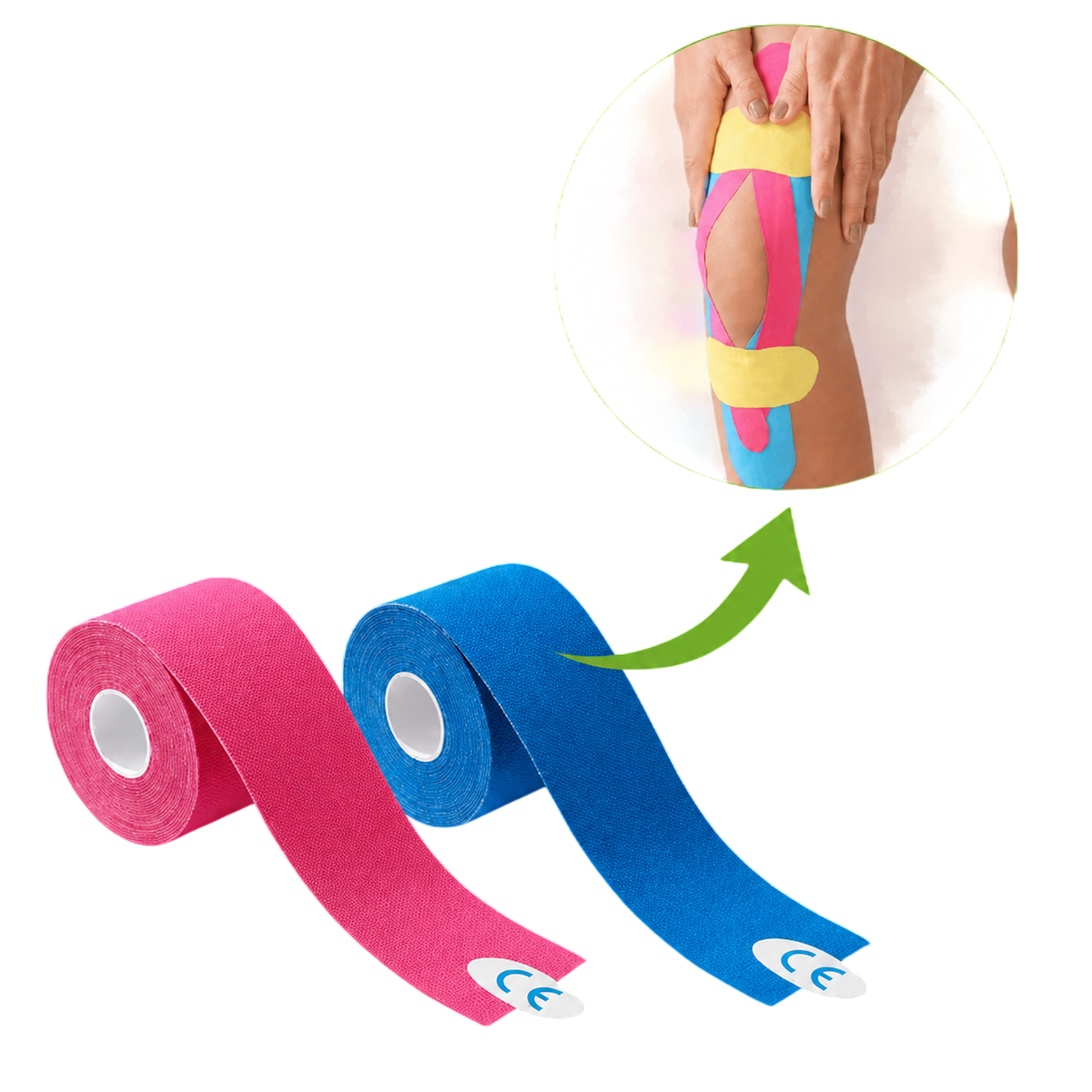 Kinesiologie-Tape in pink und blau beim Aufkleben auf der Haut, latexfrei
