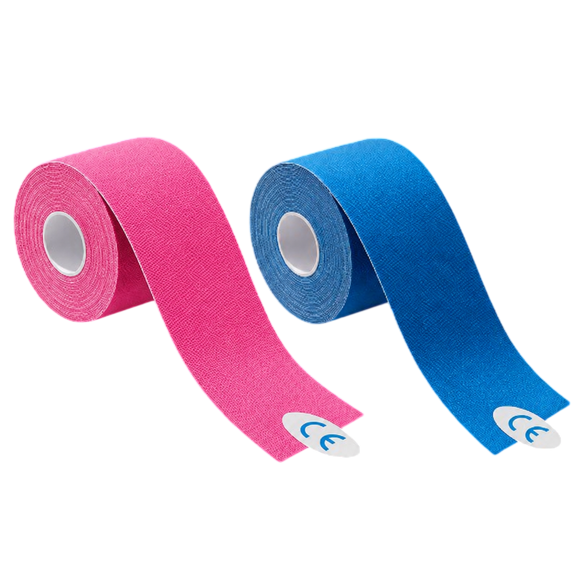 Kinesiologie-Tape-Rollenpaar: pinkes und blaues Tape mit End-Ausschnitt, latexfrei