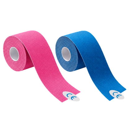 Kinesiologie-Tape-Rollenpaar: pinkes und blaues Tape mit End-Ausschnitt, latexfrei
