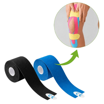 Kinesiologie-Tape-Set: schwarze und blaue Bandstreifen, am Bein appliziert