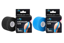 Kinesiologie-Tape-Set in Packungen: Rolle schwarz und Rolle blau, latexfrei