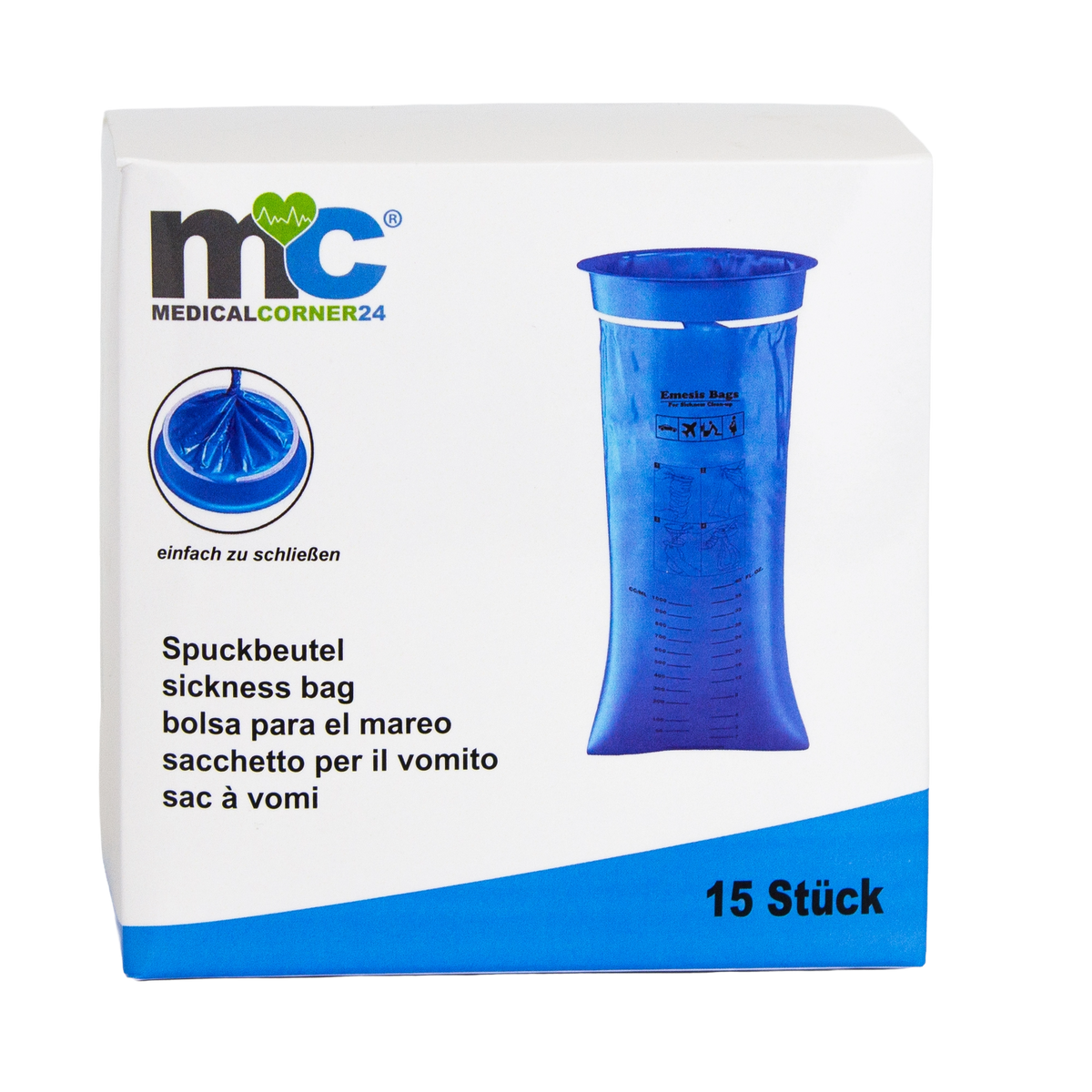 Medicalcorner24 Spuckbeutel latexfrei, 1,5 l, 15 Stück, blau, Packung