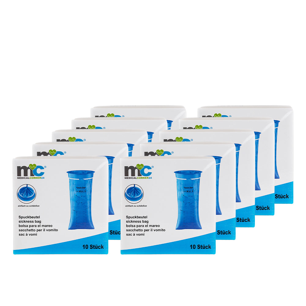 Spuckbeutel-Packungen-Set Medicalcorner24, 10 Stück je Packung, blaue Beutelgrafik.