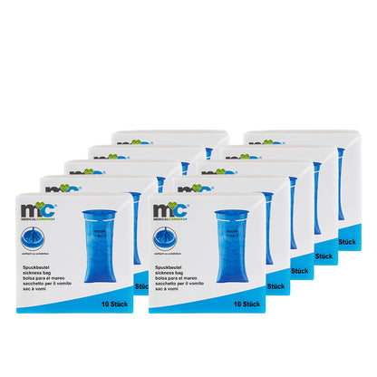 Spuckbeutel-Packungen-Set Medicalcorner24, 10 Stück je Packung, blaue Beutelgrafik.