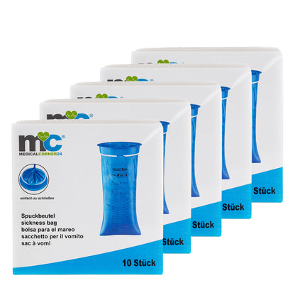 Mehrere Medicalcorner24 Spuckbeutel-Packungen, je 10 Stück, mit blauer Grafik.