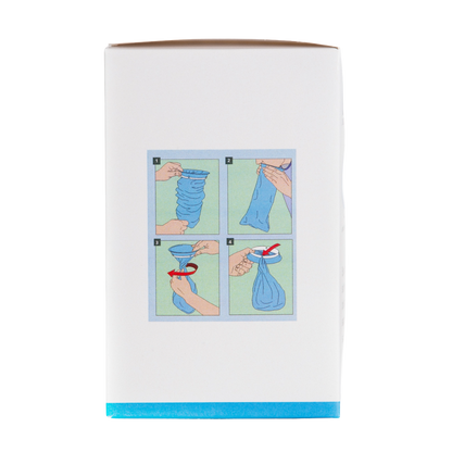 Spuckbeutel-Verpackung mit Schritt-für-Schritt-Anleitung in vier Bildern.