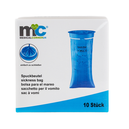 Medicalcorner24 Spuckbeutel Packung, 10 Stück, mit blauem Beutelbild.