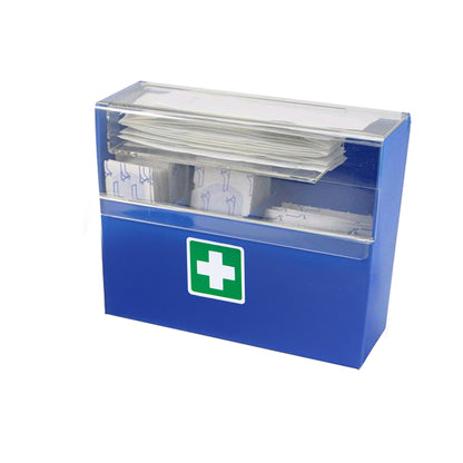 Blaue Pflasterbox mit grünem Rettungszeichen, Deckel mit gestapelten Pflastern