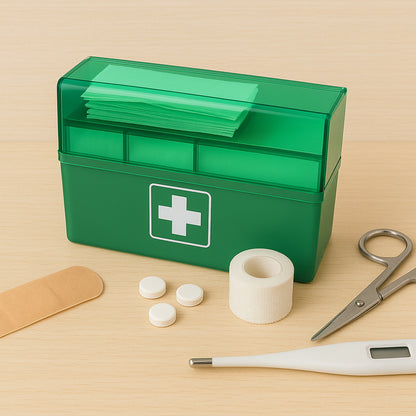Pflasterspender mit Plus-Emblem neben Verbandrolle und Pflastermaterial auf Holzunterlage