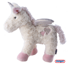 Plüsch-Einhorn-Körnerkissen mit rosa Details und zwei Herzapplikationen