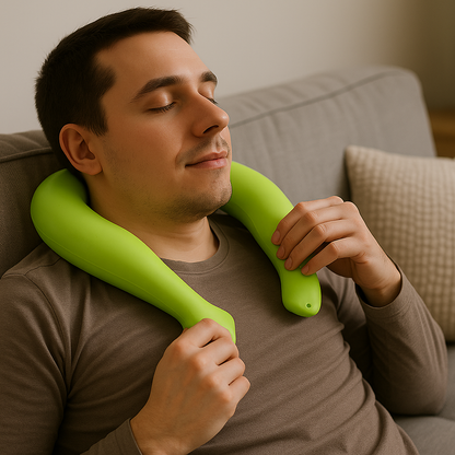Sänger Nackenwärmflasche aus Naturgummi, grün, um den Hals beim Sitzen gelegt.