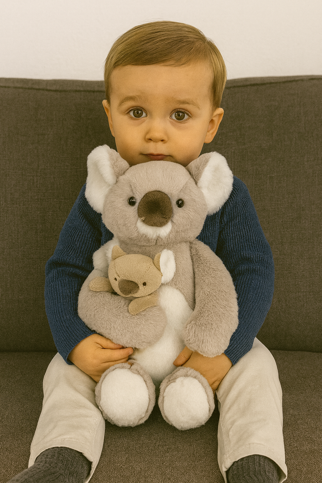 Plüsch-Koala hellgrau mit kleinem Kuscheltier, Kind hält das Kuscheltier
