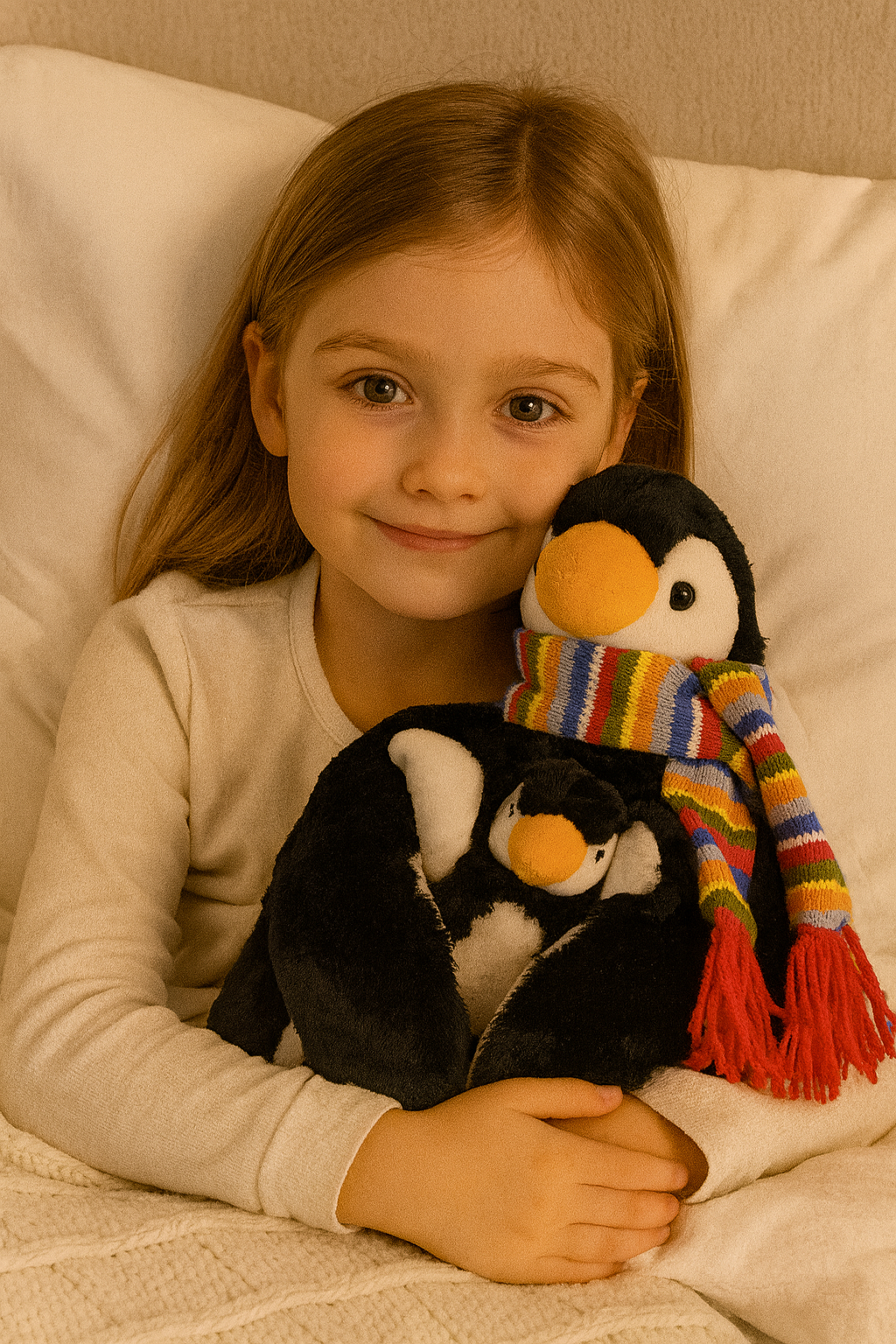 Plüsch-Pinguin mit buntem Ringelschal und roten Fransen, vom Kind umarmt